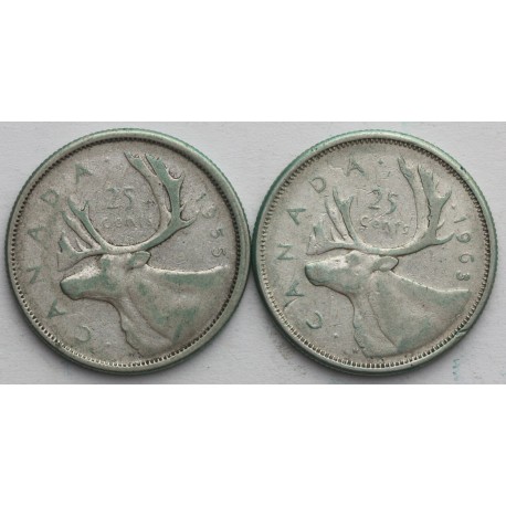 Kanada, Lot: 2 x 25 centów, srebro, 1955, 1963