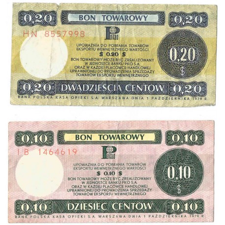 Lot: Zestaw 2 bonów towarowych, 10 centów + 20 centów, stan 3-/4+