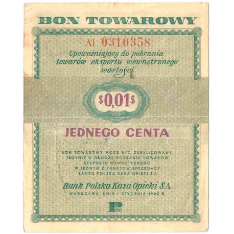 Bon towarowy 1 cent 1960, seria AI, stan 3, ładny