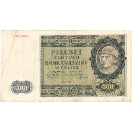 Banknot 500 złotych 1940 stan 3-, Ser. B 0015997, Góral