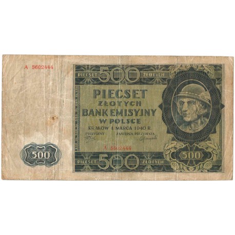 Banknot 500 złotych 1940 stan 3-/4+, Ser. A, Góral