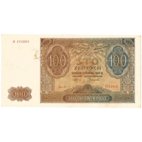 Banknot 100 złotych 1941 stan 2+, Ser. D