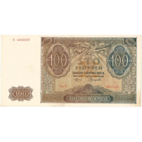 Banknot 100 złotych 1941 stan 2-, Ser. A