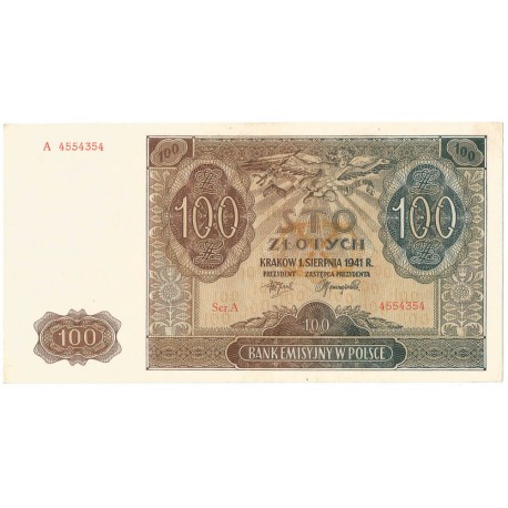 Banknot 100 złotych 1941 stan 1-, Ser. A