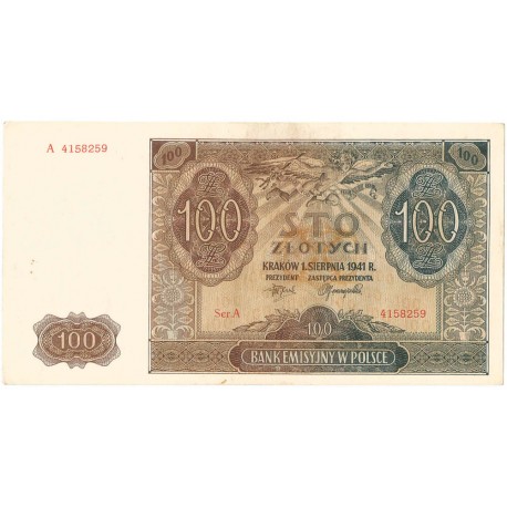 Banknot 100 złotych 1941 stan 2+, Ser. A