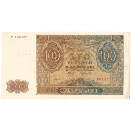 Banknot 100 złotych 1941 stan 2+, Ser. D