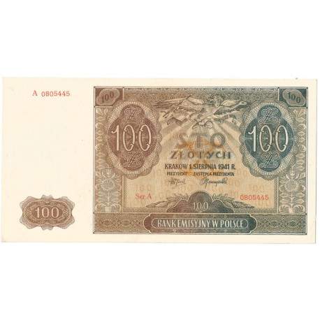 Banknot 100 złotych 1941 stan 2+, Ser. A