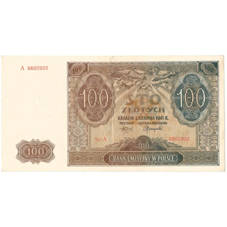 Banknot 100 złotych 1941 stan 2, Ser. A