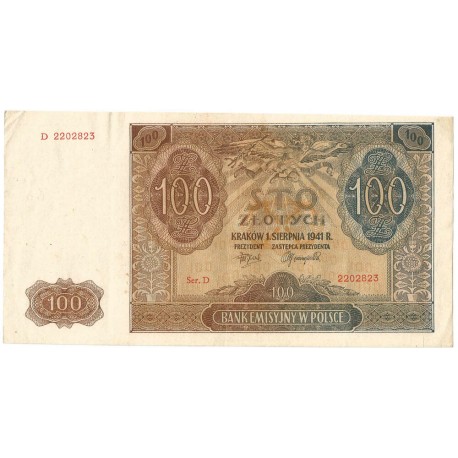Banknot 100 złotych 1941 stan 2, Ser. D