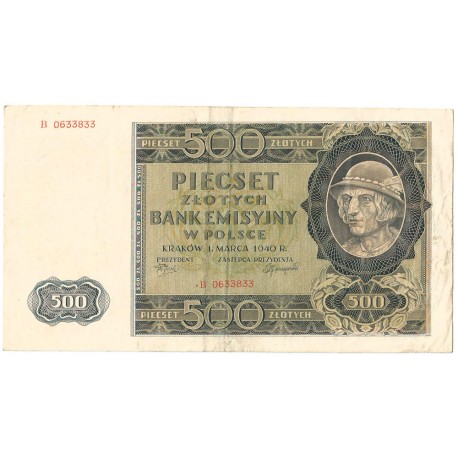 Banknot 500 złotych 1940 stan 3-, Ser. B 0333833, Góral, ciekawy numer