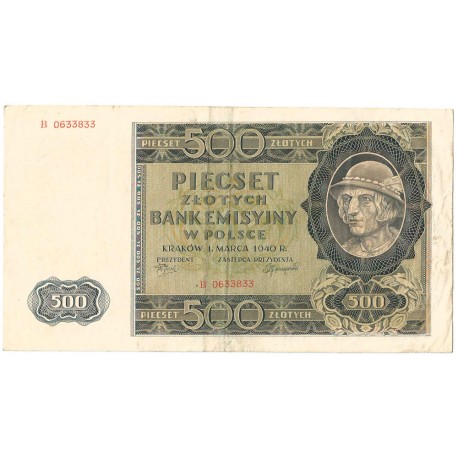 Banknot 500 złotych 1940 stan 3-, Ser. B 0633833, Góral, ciekawy numer