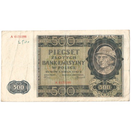 Banknot 500 złotych 1940 stan 3-/4+, Ser. A, Góral