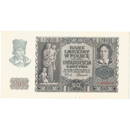 Banknot 20 złotych, 1940, seria K, stan 3