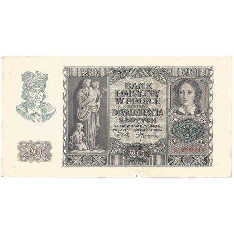 Banknot 20 złotych, 1940, seria K, stan 3