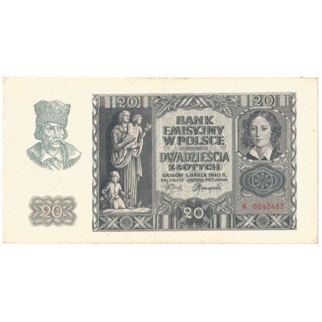 Banknot 20 złotych, 1940, seria K, stan 2-/3+