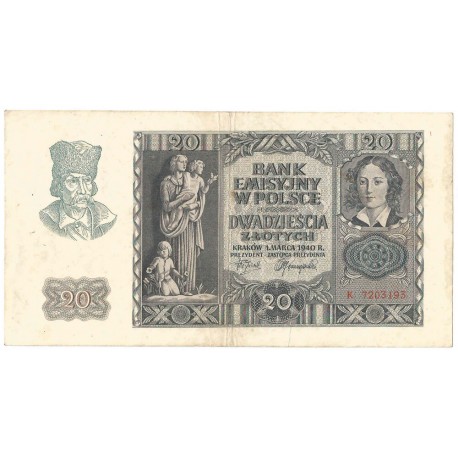 Banknot 20 złotych, 1940, seria K, stan 3/3+