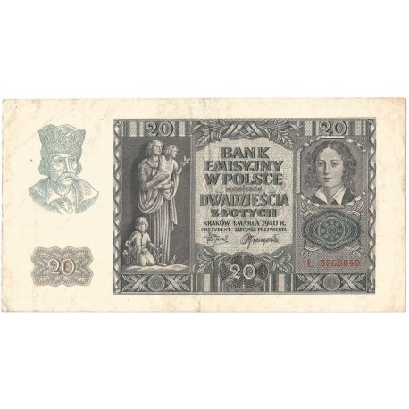 Banknot 20 złotych, 1940, seria L, stan 3