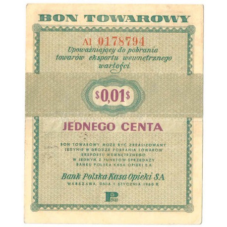 Bon towarowy 1 cent 1960, seria AI, stan 3+, b. ładny