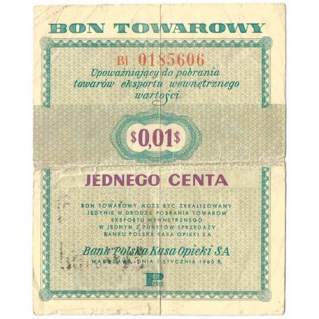 Bon towarowy 1 cent 1960, seria BI, stan 3-