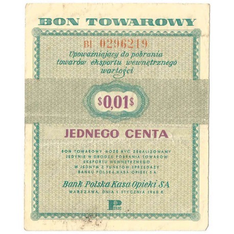 Bon towarowy 1 cent 1960, seria BI, stan 3