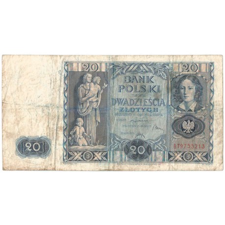 Banknot 20zł, 1936r, seria BT stan 4+