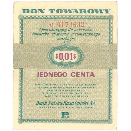 Bon towarowy 1 cent 1960, seria AI, stan 3, ładny