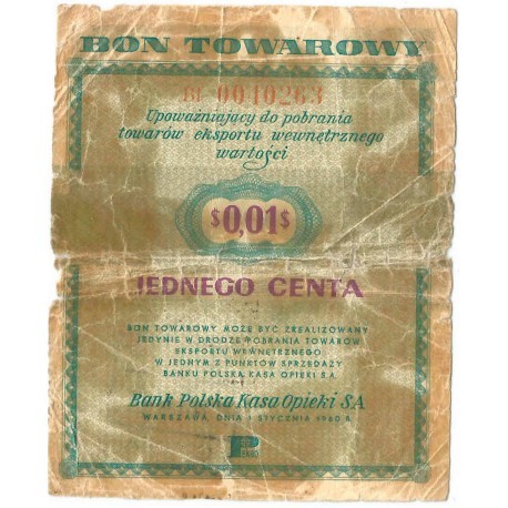 Bon towarowy 1 cent 1960, seria BI, stan 5