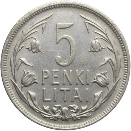 Litwa, 5 litów 1925, Penki Litai, stan 2, ładna