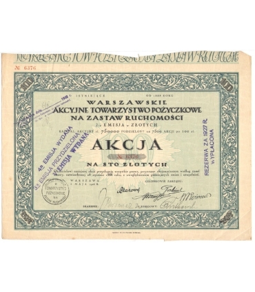 1 akcja Warszawskiego Akcyjnego Towarzystwa Pożyczkowego No. 6376