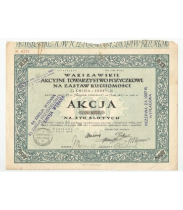 1 akcja Warszawskiego Akcyjnego Towarzystwa Pożyczkowego No. 6377