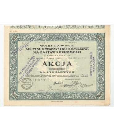 1 akcja Warszawskiego Akcyjnego Towarzystwa Pożyczkowego No. 6504