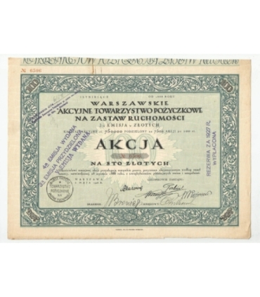 1 akcja Warszawskiego Akcyjnego Towarzystwa Pożyczkowego No. 6506