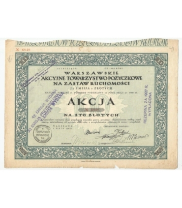 1 akcja Warszawskiego Akcyjnego Towarzystwa Pożyczkowego No. 6848