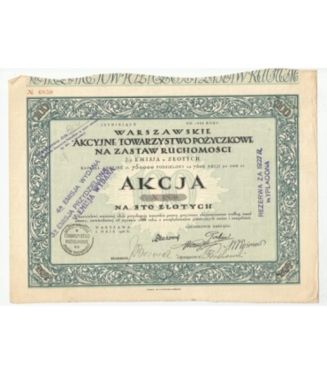 1 akcja Warszawskiego Akcyjnego Towarzystwa Pożyczkowego No. 6850
