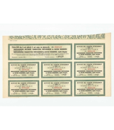 1 akcja Warszawskiego Akcyjnego Towarzystwa Pożyczkowego + kupony 0120