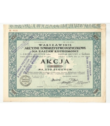 1 akcja Warszawskiego Akcyjnego Towarzystwa Pożyczkowego + kupony 0121