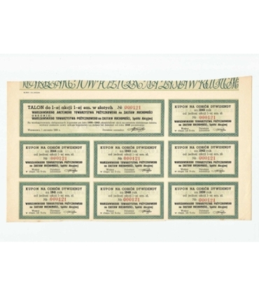 1 akcja Warszawskiego Akcyjnego Towarzystwa Pożyczkowego + kupony 0121