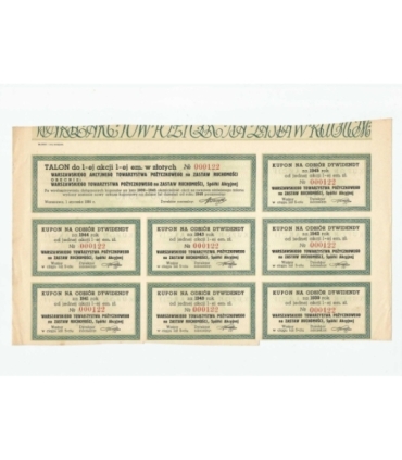 1 akcja Warszawskiego Akcyjnego Towarzystwa Pożyczkowego + kupony 0122
