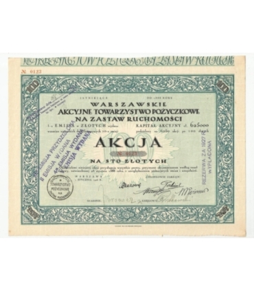 1 akcja Warszawskiego Akcyjnego Towarzystwa Pożyczkowego + kupony 0123