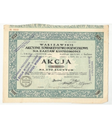 1 akcja Warszawskiego Akcyjnego Towarzystwa Pożyczkowego + kupony 0212