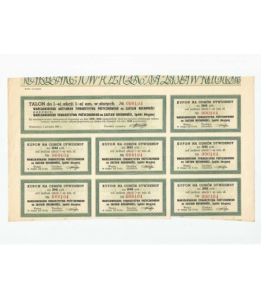 1 akcja Warszawskiego Akcyjnego Towarzystwa Pożyczkowego + kupony 0212