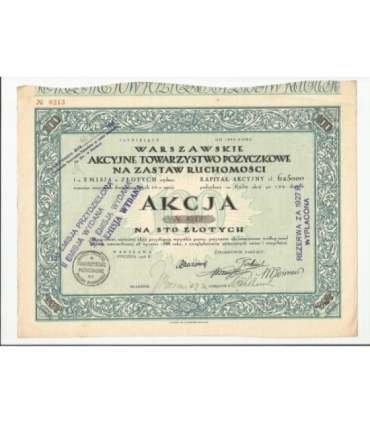 1 akcja Warszawskiego Akcyjnego Towarzystwa Pożyczkowego + kupony 0213