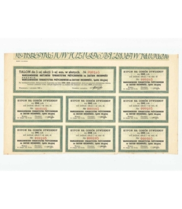 1 akcja Warszawskiego Akcyjnego Towarzystwa Pożyczkowego + kupony 0213
