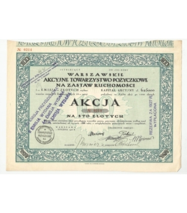 1 akcja Warszawskiego Akcyjnego Towarzystwa Pożyczkowego + kupony 0214