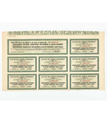 1 akcja Warszawskiego Akcyjnego Towarzystwa Pożyczkowego + kupony 0214