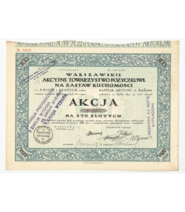 1 akcja Warszawskiego Akcyjnego Towarzystwa Pożyczkowego + kupony 0215