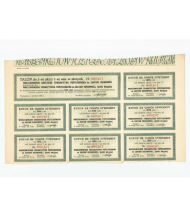 1 akcja Warszawskiego Akcyjnego Towarzystwa Pożyczkowego + kupony 0215