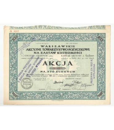 1 akcja Warszawskiego Akcyjnego Towarzystwa Pożyczkowego + kupony 0217