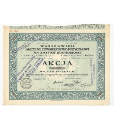 1 akcja Warszawskiego Akcyjnego Towarzystwa Pożyczkowego 0218 + kupony
