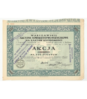 1 akcja Warszawskiego Akcyjnego Towarzystwa Pożyczkowego 0219 + kupony